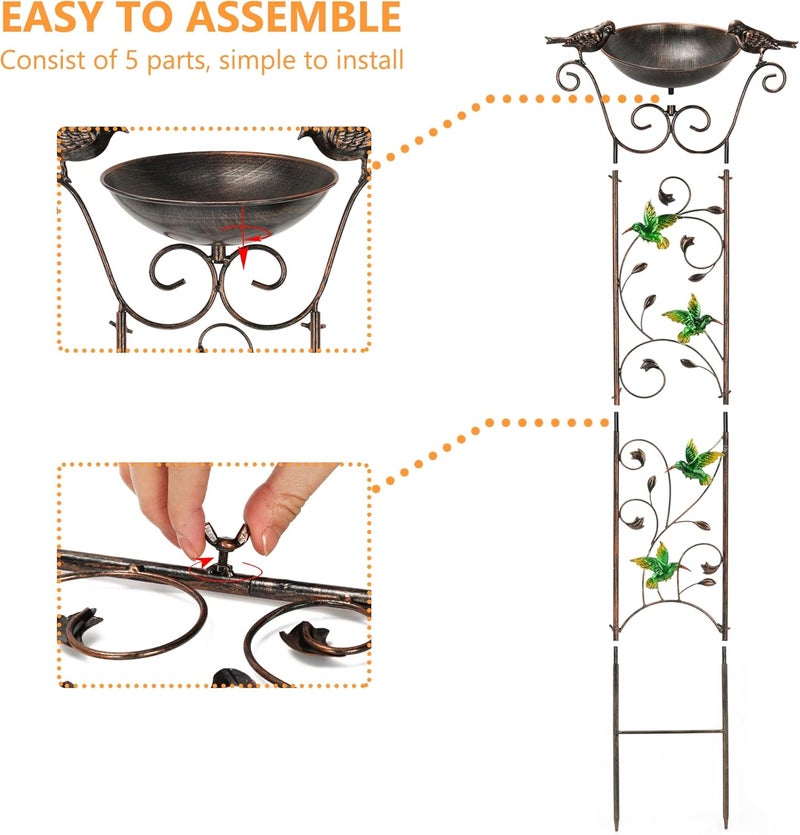 LEWIS&WAYNE Garden Trellis Bird Bath Outdoor, 40 Inch Antique Iron Garden Plant Trellis Decorative with Hummingbirds and Detachable Drinking Basin Bowl, Free Standing BirdBath Birdfeeder Station - Image 4